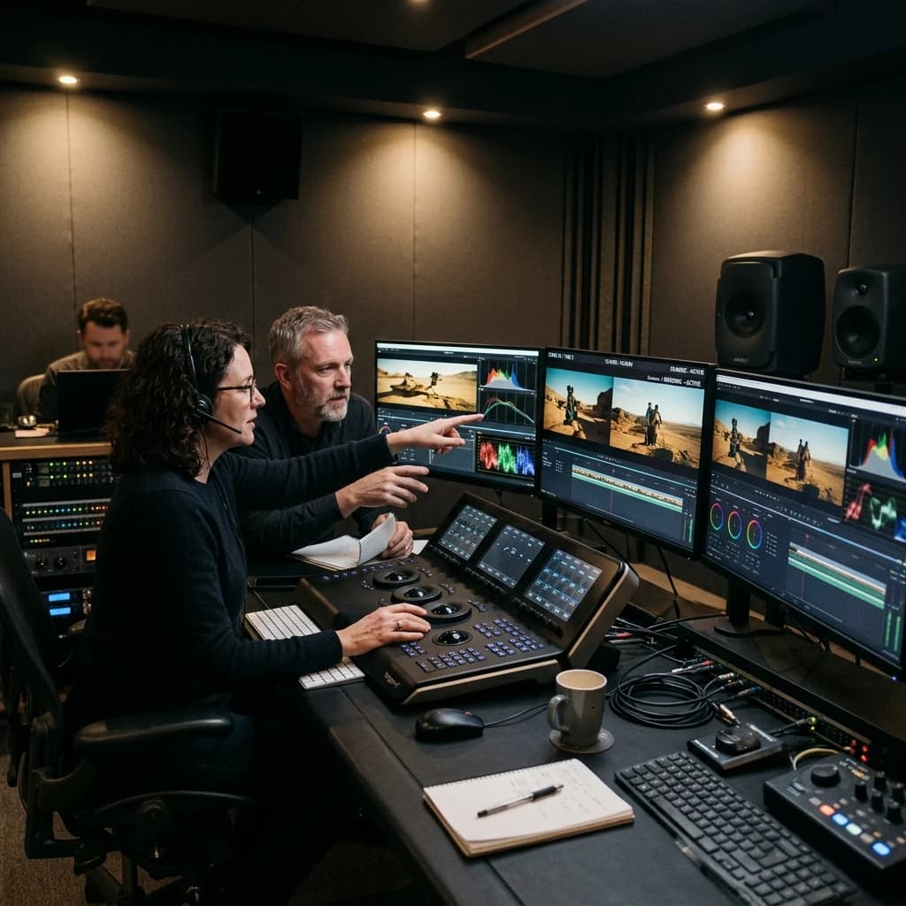 Media production team reviewing content in a unified workspace