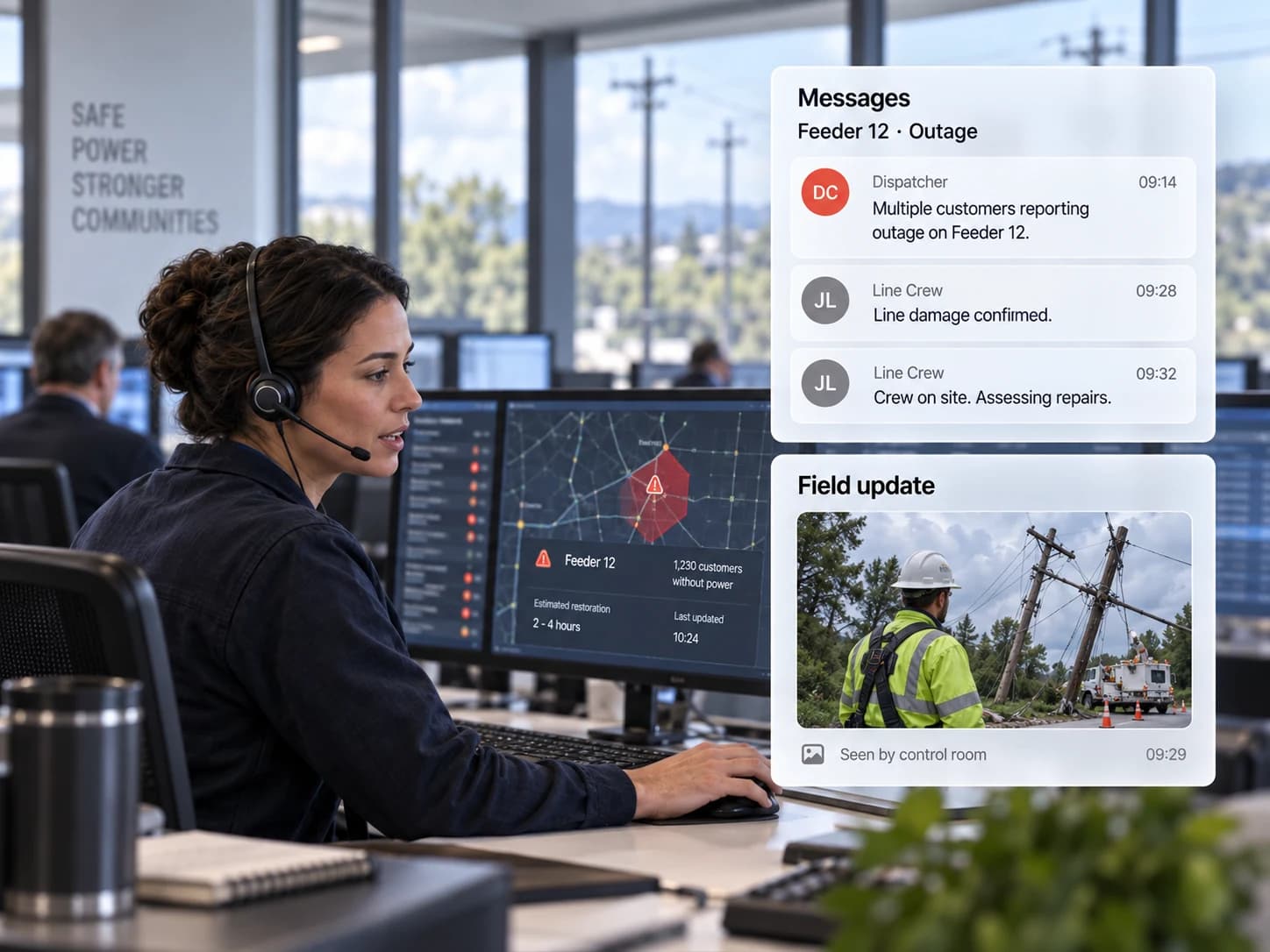 Utility control room operators coordinating with field crews