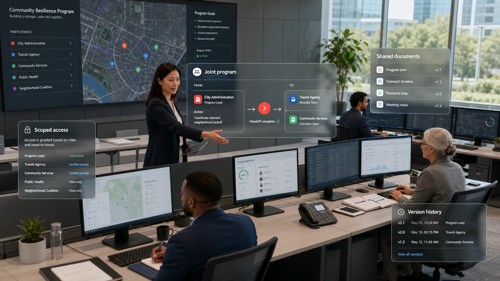 Government departments collaborating in a controlled shared workspace