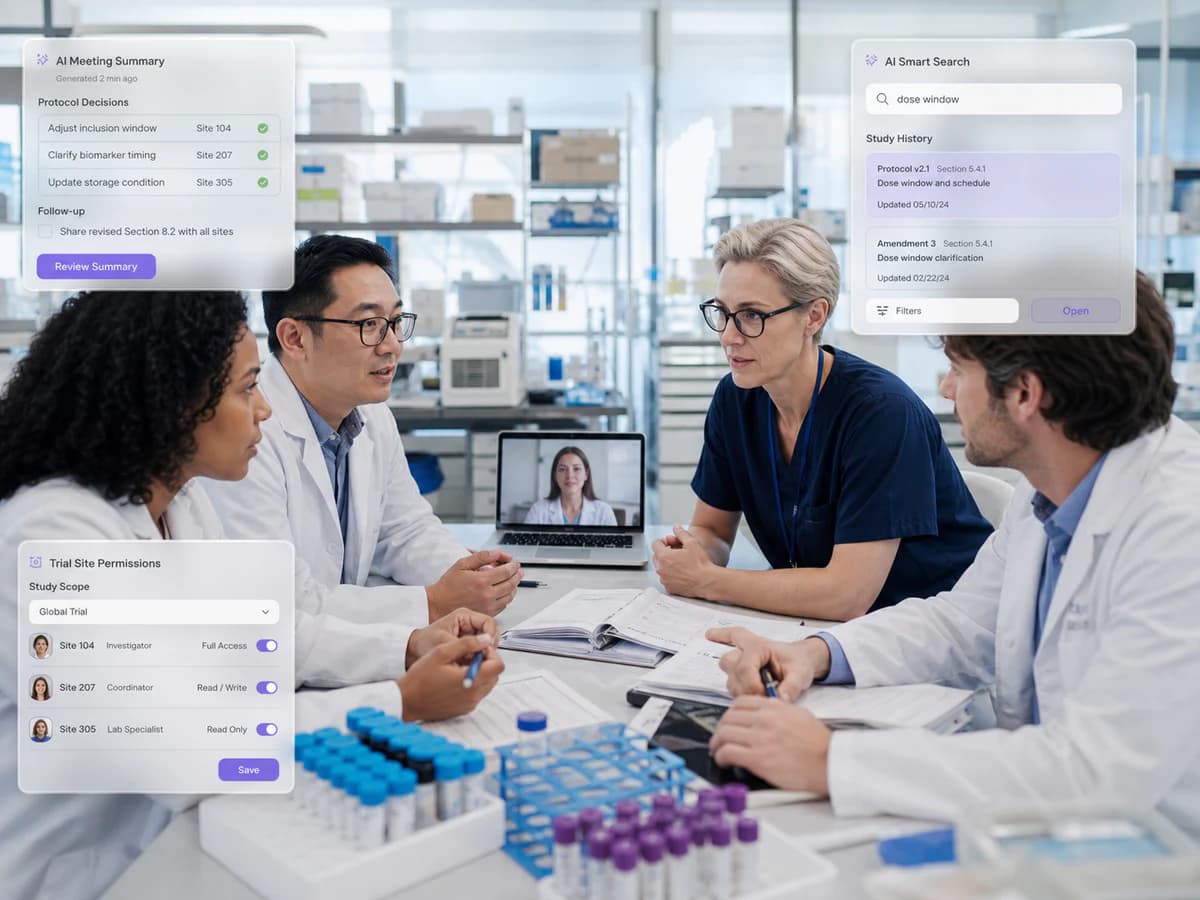 Research teams collaborating across trial sites and external labs