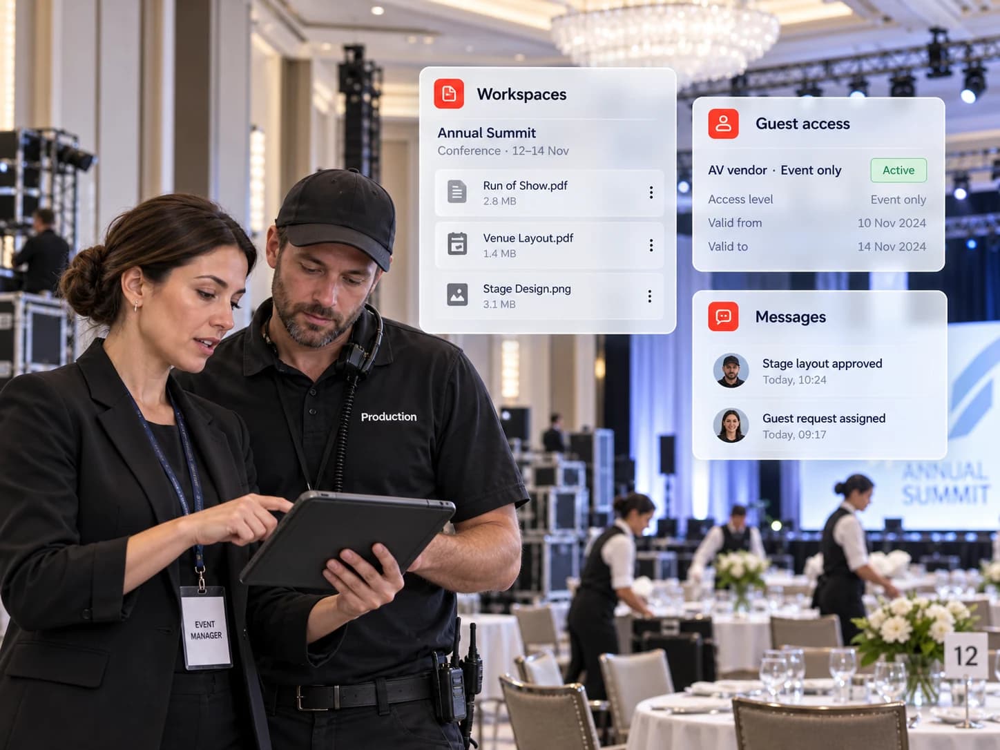 Hospitality staff coordinating a guest request and property event