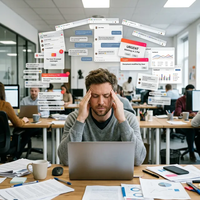 A professional managing competing chat, meeting, file, and dashboard notifications